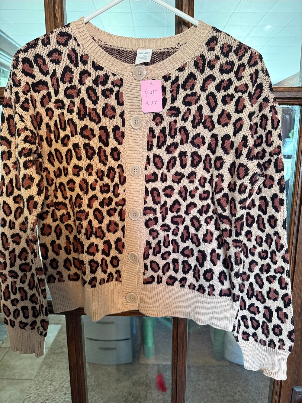 Girls' Beige Leopard Print Button-Front Cardigan Sweater